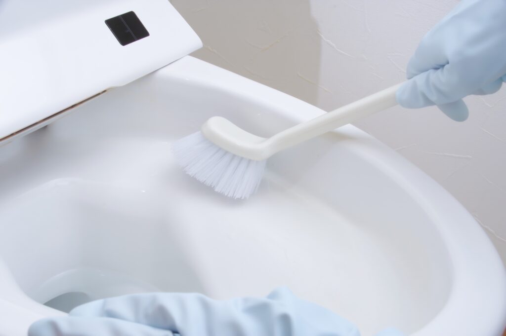 トイレをブラシでこする様子